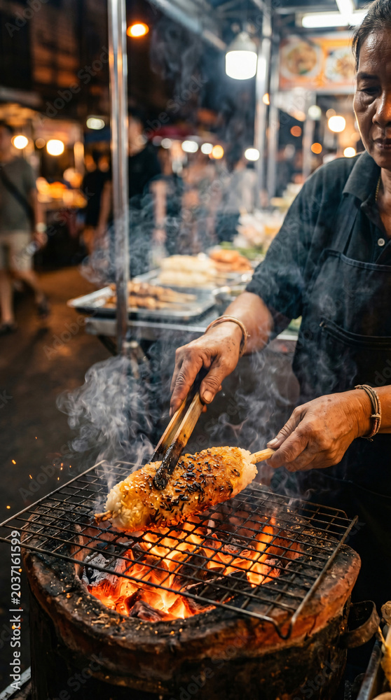 Fototapeta premium Street food vendor grilling seasoned chicken over open flame in vibrant night market scene