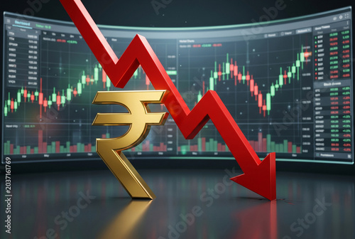  Indian economy crisis rupee concept with downward red arrow and trading charts