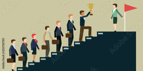 Obraz na plátne Businesspeople Ascending Staircase With Trophy And Flag Vector Illustration