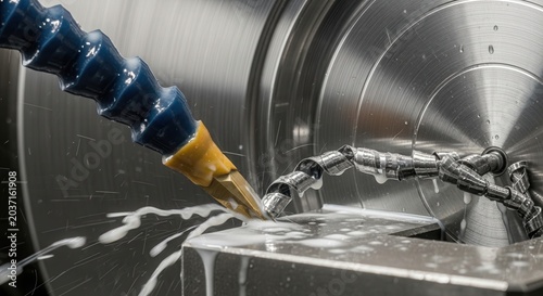 Close-up of a metal lathe machine in operation with coolant spraying.