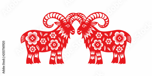 Photography Red Goat Ram Pair With Floral Ornament Vector Illustration