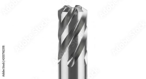 Close-up of a metal milling cutter bit with sharp flutes on a white background.