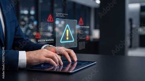 Cybersecurity system warning alert displayed on futuristic digital tablet interface, network protection and data security threat concept