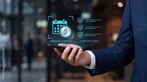 Businessman hand holding smartphone with financial schedule calendar and completed tasks checklist hologram overlay, productivity management and time planning concept for
