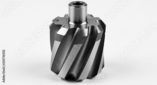 Close-up of a metal milling cutter tool with helical flutes on a white background.
