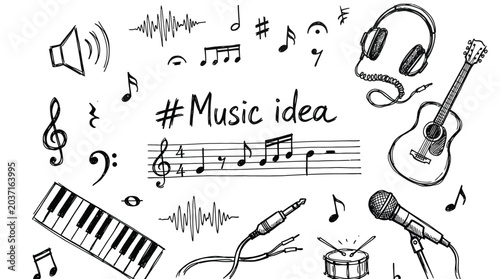 Artistic vector illustration featuring hand drawn musical instruments and melodic notes on a white background