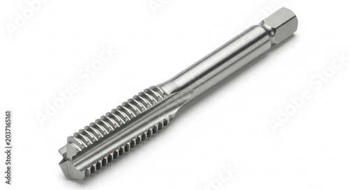 Close-up of a metal threading tap tool on a white background.