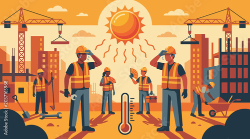 Construction workers struggling with heat on a sunny day