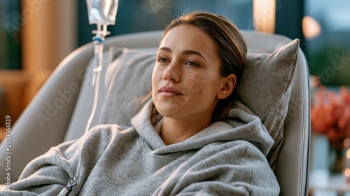 A young adult patient with myasthenia gravis receiving intravenous immunoglobulin infusion therapy, sitting in a modern infusion clinic chair, IV line clearly visible