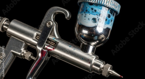Close-up of a metallic airbrush with blue paint in the reservoir against a black background.
