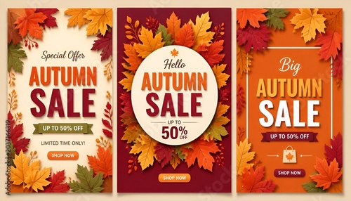 Autumn Sale Banner Design with Colorful Fall Leaves Frame and Paper Cut Style Lettering for Advertising and Social Media