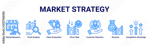 Foto Market Strategy web banner icon vector illustration with Market Research, Trend