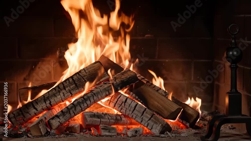 Cozy Fireplace Glow: A warm and inviting fireplace crackles with bright orange flames, illuminating stacked logs of birch wood against a rustic brick backdrop, perfect for a tranquil evening.