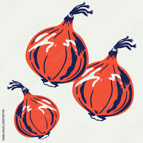 Hand-drawn red onion vector illustration, bold outlines, detailed organic texture, vintage vegetable art style, isolated on dark blue background, colorful flat design, fresh farm produce illustration