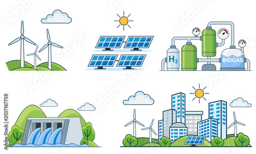 a collection of clean energy concepts featuring wind turbines, solar panels, a hydroelectric dam, bio-fuel and hydrogen production, and a smart eco-city powered by sustainable resources isolated on wh