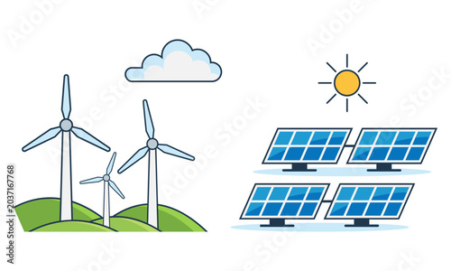 a collection of clean energy concepts featuring wind turbines, solar panels, a hydroelectric dam, bio-fuel and hydrogen production, and a smart eco-city powered by sustainable resources isolated on wh