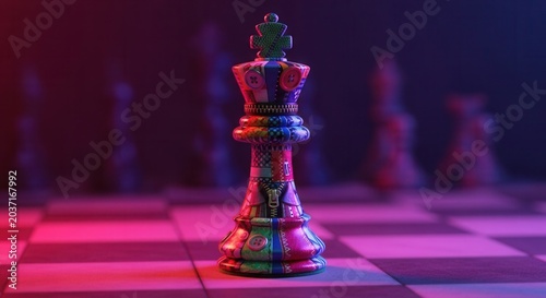 Close-up of a metallic chess king piece on a chessboard with neon lighting.