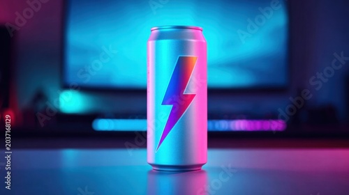 Energy drink can with lightning bolt logo in neon light