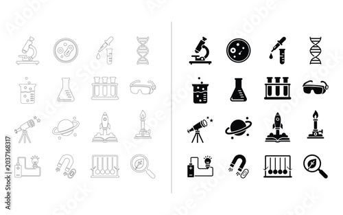 Science Education Line and Glyph Icons Set for STEM Learning and Laboratory Research
