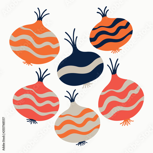 Hand-drawn red onion vector illustration, bold outlines, detailed organic texture, vintage vegetable art style, isolated on dark blue background, colorful flat design, fresh farm produce illustration