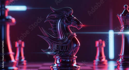 Close-up of a metallic chess knight piece with dramatic lighting and bokeh effect.