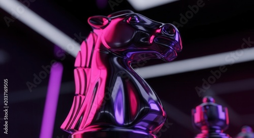 Close-up of a metallic chess knight piece with dramatic neon lighting.