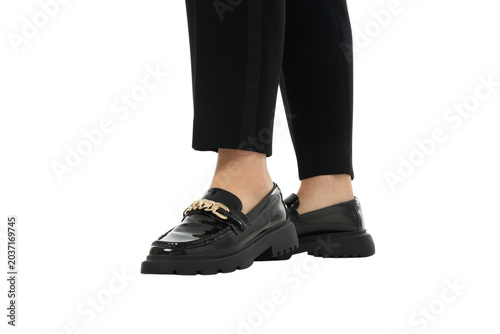 Foto Woman in black loafers and pants on white, PNG