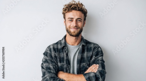 Handsome man with a beard smiles confidently with arms crossed in front of a white wall