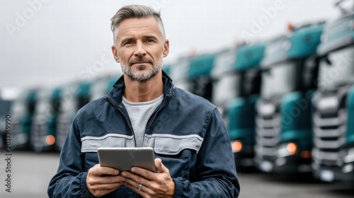 Truck driver using a tablet in front of a row of semi-trucks.
