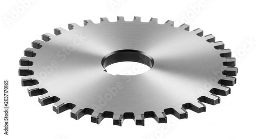 Close-up of a metallic cogwheel with many teeth on a white background.
