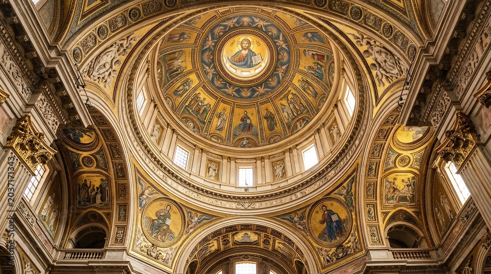 Fototapeta premium Magnificent Dome Interior of a Grand Cathedral with Intricate Mosaics and Frescoes.