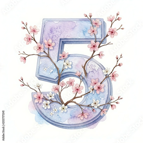 Watercolor pastel blue number five decorated with pink spring cherry blossoms