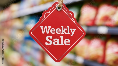 bright red diamond shaped weekly sale price tag hanging inside  busy grocery store supermarket aisle