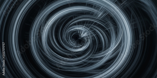 Foto Abstract Swirl of Light: A mesmerizing, luminous spiral vortex in shades of white and blue against a dark background, evoking a sense of depth, energy, and cosmic wonder