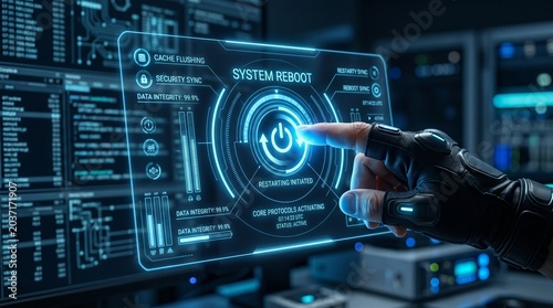 Cyber security expert interacting with a futuristic digital interface for system reboot and monitoring in a data center