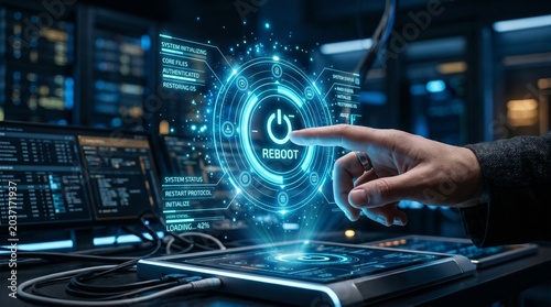 Naklejka Futuristic technological interface displaying a reset button for system rebooting in a server room environment