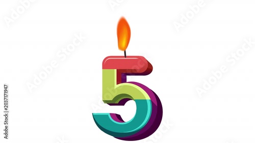 Rainbow candle with the number 5 for a birthday. Anniversary date animation, alpha channel. Cartoon