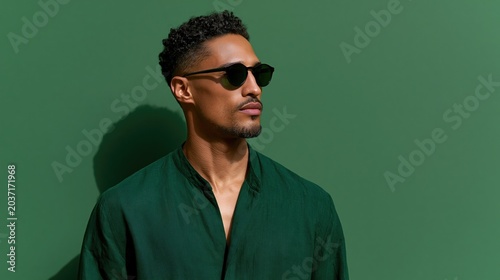 A young Black man stands against a solid green background. He wears sunglasses and a stylish green shirt. The image conveys a sense of confidence and casual fashion.