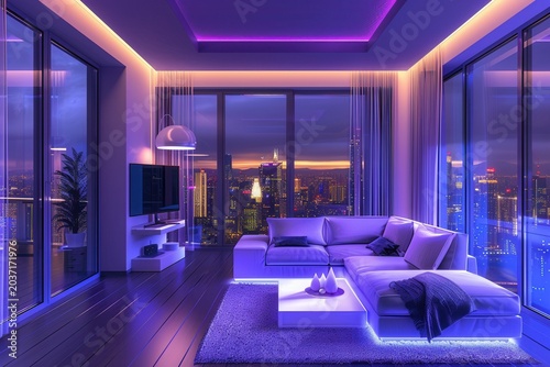 Luxury living room bathed in purple LED glow