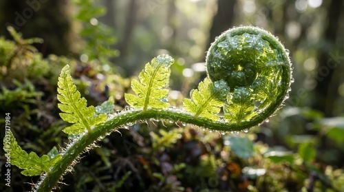 A realistic macro photograph of a vibrant green curled fiddlehead fern sprout with dew drops in a forest setting.