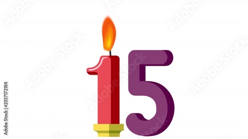 Fifteenth Birthday Candle. Anniversary Animation, Alpha Channel. Cartoon