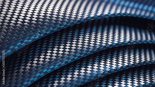 Carbon fiber texture with blue highlights, curved composite material layers, futuristic industrial background for automotive and aerospace design