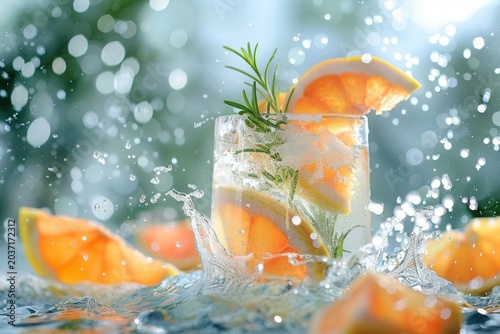 Refreshing citrus drink splashes with rosemary and orange slices