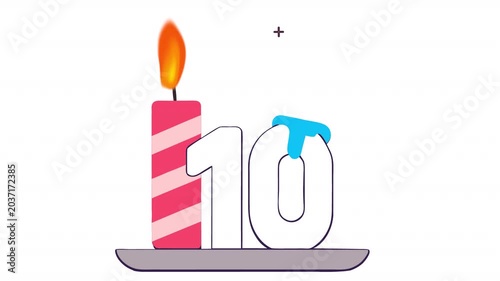 Tenth Birthday Candle. Anniversary Date Animation, Alpha Channel. Cartoon