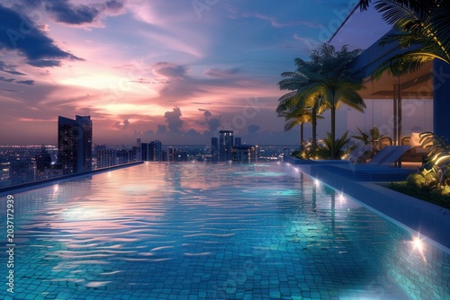 Sunset glows above infinity pool