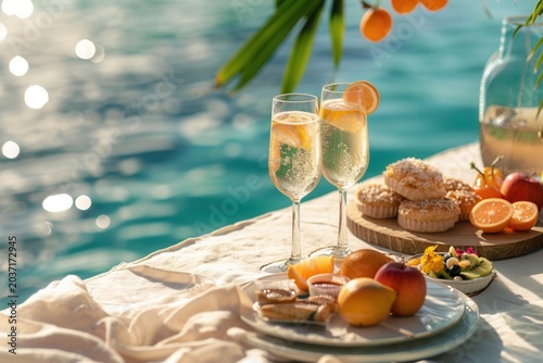 Sunlight glitters on sparkling champagne