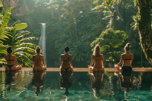 Five women meditate by a pool, backs to the camera