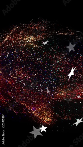 Vertical video: Star cutouts drifting in, sparking particle cloud growing and forming luminous band