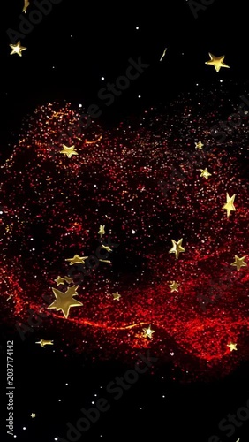 Vertical video: Gold cluster arising, splitting, red band growing, stars drifting, making nebula