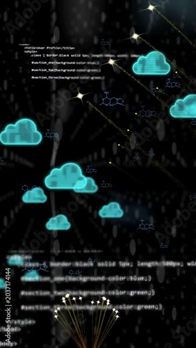 Vertical video: Star nodes sparking trails, cyan cloud icons growing, linking and showing data flow